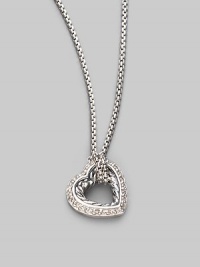 From the Cable Heart Collection. A petite heart of cabled sterling silver, outlined in pavé diamonds on a silver box chain. Diamonds, 0.19 tcw Sterling silver Chain length, about 16 Pendant length, about ½ Lobster clasp Made in USA