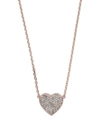 Wear your heart on your sleeve. Michael Kors' romantic pendant features pave-set glass accents set in rose gold tone mixed metal. Approximate length: 16 inches. Approximate drop length: 1/2 inches. Approximate drop width: 3/4 inch. Wear your heart on your sleeve. Michael Kors' romantic pendant features pave-set glass accents set in rose gold tone mixed metal. Approximate length: 16 inches. Approximate drop length: 1/2 inches. Approximate drop width: 3/4 inch.
