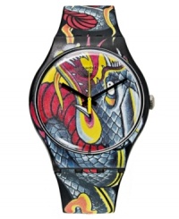 Inspired by colorful tattoo designs, this Fired Snake watch from Swatch lets you show your rebellious side. Inspired by colorful tattoo designs, this Fired Snake watch from Swatch lets you show your rebellious side.
