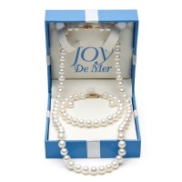 7-8mm Cultured White Freshwater Pearl Necklace, Bracelet and Earring Set with 14kt Yellow Gold in Gift Box