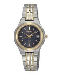 A brilliant update to a classic original: energy-efficient solar power from Seiko. Crafted of stainless steel bracelet with gold-tone accents and round case with gold-tone bezel. Dark blue patterned dial features gold-tone applied stick indices at markers, three hands, date window at three o'clock and logo at twelve o'clock. Solar-powered quartz movement. Water resistant to 100 meters. Three-year limited warranty. A brilliant update to a classic original: energy-efficient solar power from Seiko. Crafted of stainless steel bracelet with gold-tone accents and round case with gold-tone bezel. Dark blue patterned dial features gold-tone applied stick indices at markers, three hands, date window at three o'clock and logo at twelve o'clock. Solar-powered quartz movement. Water resistant to 100 meters. Three-year limited warranty.