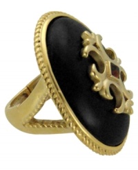 A rare vintage. T Tahari's elegant ring features an intricate golden design on a jet resin cabochon stone. Set in 14k gold-plated mixed metal. Base metal is nickel-free for sensitive skin. Ring stretches to fit finger. A rare vintage. T Tahari's elegant ring features an intricate golden design on a jet resin cabochon stone. Set in 14k gold-plated mixed metal. Base metal is nickel-free for sensitive skin. Ring stretches to fit finger.