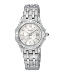Seiko's Le Grand Sport collection delivers classically handsome watch design for everyday wear. Stainless steel bracelet and round case. White dial features logo, silvertone hands, stick indices, Roman numerals at twelve, six, and nine o'clock and date window at three o'clock. Quartz movement. Water resistant to 50 meters. Three-year limited warranty. Seiko's Le Grand Sport collection delivers classically handsome watch design for everyday wear. Stainless steel bracelet and round case. White dial features logo, silvertone hands, stick indices, Roman numerals at twelve, six, and nine o'clock and date window at three o'clock. Quartz movement. Water resistant to 50 meters. Three-year limited warranty.
