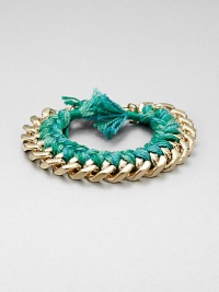 A colorful design featuring a goldtone chain accented with variegated yarn. Cotton yarnGoldtoneLength, about 7.16Lobster clasp closureImported A colorful design featuring a goldtone chain accented with variegated yarn. Cotton yarnGoldtoneLength, about 7.16Lobster clasp closureImported