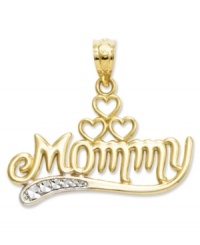 The perfect Mother's Day gift. Show her you care with this intricate charm featuring three cut-out hearts and the word Mommy. Crafted in 14k gold and sterling silver. Approximate length: 7/10 inch. Approximate width: 9/10 inch. The perfect Mother's Day gift. Show her you care with this intricate charm featuring three cut-out hearts and the word Mommy. Crafted in 14k gold and sterling silver. Approximate length: 7/10 inch. Approximate width: 9/10 inch.