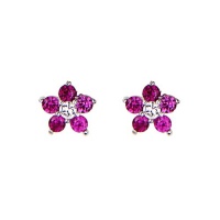 .925 Sterling Silver Rhodium Plated Flower Red CZ Stud Earrings with Screw-back for Children & Women