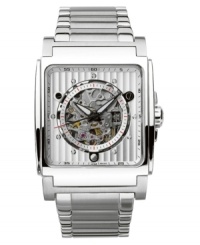 Lean toward the future with this modern watch by Bulova. Stainless steel bracelet and square case with see-through case back. Silvertone dial with wide aperture showing the movement and silvertone dot markers. Self-winding mechanical movement. Water resistant to 30 meters. Three-year limited warranty. Lean toward the future with this modern watch by Bulova. Stainless steel bracelet and square case with see-through case back. Silvertone dial with wide aperture showing the movement and silvertone dot markers. Self-winding mechanical movement. Water resistant to 30 meters. Three-year limited warranty.
