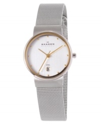 Make this watch from Skagen Denmark your everyday accompaniment for style and durability. Silvertone stainless steel mesh bracelet and round case. Round white dial with goldtone accents, logo, date window and stick indices. Quartz movement. Water resistant to 30 meters. Limited lifetime warranty. Make this watch from Skagen Denmark your everyday accompaniment for style and durability. Silvertone stainless steel mesh bracelet and round case. Round white dial with goldtone accents, logo, date window and stick indices. Quartz movement. Water resistant to 30 meters. Limited lifetime warranty.