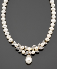 A stunning addition to your evening look. This necklace features cultured freshwater pearl (5 mm, 5-1/2 mm and 9 mm) and round-cut diamond (3/8 ct. t.w.) set in 14k gold. Approximate length: 17 inches. A stunning addition to your evening look. This necklace features cultured freshwater pearl (5 mm, 5-1/2 mm and 9 mm) and round-cut diamond (3/8 ct. t.w.) set in 14k gold. Approximate length: 17 inches.