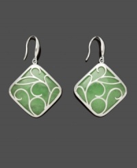 The look of serenity, this peaceful style is both calm and cool. Crafted from solid, square-shaped jade (28 mm), a swirling sterling silver overlay adds the perfect final touch. Approximate drop: 1-3/4 inches. The look of serenity, this peaceful style is both calm and cool. Crafted from solid, square-shaped jade (28 mm), a swirling sterling silver overlay adds the perfect final touch. Approximate drop: 1-3/4 inches.
