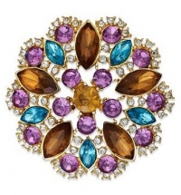 Charter Club Round Brooch, Gold Tone with Purple, Aqua snd Smoky Topaz Crystal Pin Charter Club Round Brooch, Gold Tone with Purple, Aqua snd Smoky Topaz Crystal Pin