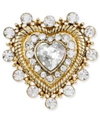 Style with a lot of heart. Betsey Johnson's lovely heart ring is decorated with glistening crystal accents. Set in antiqued gold tone mixed metal. Ring stretches to fit finger. Style with a lot of heart. Betsey Johnson's lovely heart ring is decorated with glistening crystal accents. Set in antiqued gold tone mixed metal. Ring stretches to fit finger.