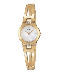 A goldtone bangle bracelet with open-work details and Mother of Pearl dial combine for a luxurious sensibility. Features sparkling diamond accents. Water resistant up to 30 meters. A goldtone bangle bracelet with open-work details and Mother of Pearl dial combine for a luxurious sensibility. Features sparkling diamond accents. Water resistant up to 30 meters.
