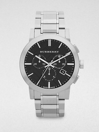 A brushed and polished finish defines this handsome timepiece featuring three chronograph eyes with applied silver indexes on a hydraulic-stamped check pattern.Chronograph movementRound bezelWater resistant to 5ATMDate display at 4 o'clock Second handStainless steel case: 42mm(1.65)Stainless steel braceletImported