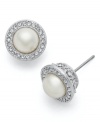 Frame your face with this signature style. Eliot Danori's elegant post stud earrings feature framed simulated pearls (7 mm) encircled by crystals and set in rhodium-plated mixed metal. Approximate diameter: 1/4 inch.