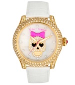 Cuteness to die for. Watch by Betsey Johnson crafted of white croc-embossed leather strap and round polished gold tone stainless steel case covered in crystal accents. White mother-of-pearl dial features crystal accent markers, large gold tone skull with pink bow and crystal accents at center, gold tone hour and minute hands, signature fuchsia second hand and logo. Quartz movement. Water resistant to 30 meters. Two-year limited warranty.