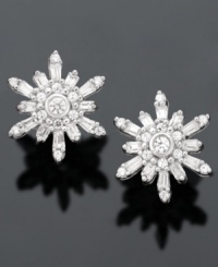 Step into a winter wonderland with these sparkling snowflake earrings featuring round-cut diamond (3/8 ct. t.w.) in 14k white gold. Step into a winter wonderland with these sparkling snowflake earrings featuring round-cut diamond (3/8 ct. t.w.) in 14k white gold.