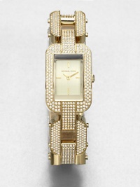 A rectangular, goldtone stainless steel design encrusted in dazzling crystal. Quartz movementWater resistant to 5 ATMRectangular goldtone stainless steel case, 36mm (1.4) X 24 (0.9)Crystal encrusted bezelChampagne dialBar hour markersCrystal encrusted goldtone stainless steel link braceletImported A rectangular, goldtone stainless steel design encrusted in dazzling crystal. Quartz movementWater resistant to 5 ATMRectangular goldtone stainless steel case, 36mm (1.4) X 24 (0.9)Crystal encrusted bezelChampagne dialBar hour markersCrystal encrusted goldtone stainless steel link braceletImported