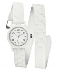 Double down on fresh fashion with this fun watch from GUESS. Features a tonal double-wrap silicone strap for added style. Double down on fresh fashion with this fun watch from GUESS. Features a tonal double-wrap silicone strap for added style.