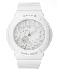 Designed with an imaginative 3-D dial and blacklight illuminator, this Baby-G watch creates a stunning effect with glowing neon blue, pink and green hues. Designed with an imaginative 3-D dial and blacklight illuminator, this Baby-G watch creates a stunning effect with glowing neon blue, pink and green hues.