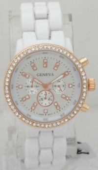 Geneva Quartz Chronograph-style Look Rhinestone on Bezel Rose Gold Case White Plastic band Geneva Quartz Chronograph-style Look Rhinestone on Bezel Rose Gold Case White Plastic band