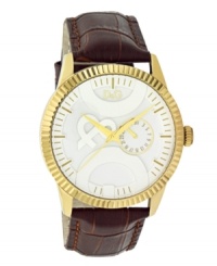 Details make the man. Handsome watch by D&G crafted of brown croc-embossed leather strap and round gold ion-plated stainless steel case. White dial features gold tone stick indices, minute track, date subdial at three o'clock, three gold tone hands and large applied logo at length of center. Quartz movement. Water resistant to 30 meters. Limited lifetime warranty. Details make the man. Handsome watch by D&G crafted of brown croc-embossed leather strap and round gold ion-plated stainless steel case. White dial features gold tone stick indices, minute track, date subdial at three o'clock, three gold tone hands and large applied logo at length of center. Quartz movement. Water resistant to 30 meters. Limited lifetime warranty.