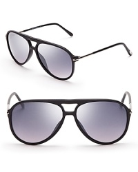 Tom Ford gives these logo-emblazoned aviators new cool with black matte frames and gray gradient lenses. Tom Ford gives these logo-emblazoned aviators new cool with black matte frames and gray gradient lenses.