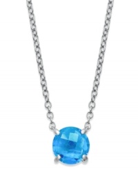 Add a summery touch of pool blue. Brilliant round-cut blue topaz (3-1/2 ct. t.w.) adorns this delicate sterling silver pendant. Approximate length: 18 inches. Approximate drop: 1 inch. Add a summery touch of pool blue. Brilliant round-cut blue topaz (3-1/2 ct. t.w.) adorns this delicate sterling silver pendant. Approximate length: 18 inches. Approximate drop: 1 inch.