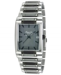 Take the time to appreciate iconic style. This Kenneth Cole New York watch features a silvertone and gunmetal ion-plated stainless steel bracelet and rectangular case. Gunmetal gray dial with dark gray stick indices, logo and date window. Analog movement. Water resistant to 30 meters. Limited lifetime warranty. Take the time to appreciate iconic style. This Kenneth Cole New York watch features a silvertone and gunmetal ion-plated stainless steel bracelet and rectangular case. Gunmetal gray dial with dark gray stick indices, logo and date window. Analog movement. Water resistant to 30 meters. Limited lifetime warranty.
