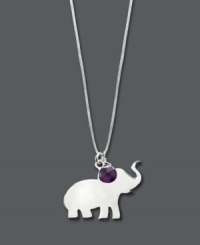 Let your bohemian side shine in this unique Studio Silver pendant. The shiny silhouette of an elephant with its trunk promises good luck, while a purple glass charm adds a shimmery touch of color. Charms and setting crafted in sterling silver and strung from a grey rope cord. Approximate length: 16 inches + 2-inch extender. Approximate drops 3/4 inch x 1 inch and 1/3 inch. Let your bohemian side shine in this unique Studio Silver pendant. The shiny silhouette of an elephant with its trunk promises good luck, while a purple glass charm adds a shimmery touch of color. Charms and setting crafted in sterling silver and strung from a grey rope cord. Approximate length: 16 inches + 2-inch extender. Approximate drops 3/4 inch x 1 inch and 1/3 inch.
