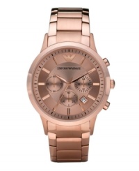 Wrist candy in delicious rose-gold. Boyfriend-style watch by Emporio Armani crafted of rose-gold tone stainless steel bracelet and round case. Rose-gold tone chronograph dial features applied stick indices, black minute track, date window, three subdials, three hands and logo at twelve o'clock. Quartz movement. Water resistant to 50 meters. Two-year limited warranty. Wrist candy in delicious rose-gold. Boyfriend-style watch by Emporio Armani crafted of rose-gold tone stainless steel bracelet and round case. Rose-gold tone chronograph dial features applied stick indices, black minute track, date window, three subdials, three hands and logo at twelve o'clock. Quartz movement. Water resistant to 50 meters. Two-year limited warranty.