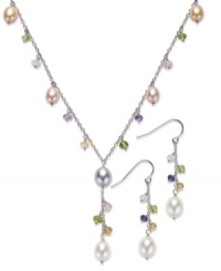 Mix it up with fresh colors and unique stones. Fresh by Honora's matching necklace and earrings set highlights rose, champagne, grey and white cultured freshwater pearls (6-8mm) with citrine (2-1/5 ct. t.w.), amethyst (1/4 ct. t.w.), peridot (2-1/3 ct. t.w.) and rose quartz (2-1/4 ct. t.w.) chips. Set in sterling silver. Approximate length: 18 inches. Approximate drop (pendant): 1-1/4 inches. Approximate drop (earring): 1-1/2 inches. Mix it up with fresh colors and unique stones. Fresh by Honora's matching necklace and earrings set highlights rose, champagne, grey and white cultured freshwater pearls (6-8mm) with citrine (2-1/5 ct. t.w.), amethyst (1/4 ct. t.w.), peridot (2-1/3 ct. t.w.) and rose quartz (2-1/4 ct. t.w.) chips. Set in sterling silver. Approximate length: 18 inches. Approximate drop (pendant): 1-1/4 inches. Approximate drop (earring): 1-1/2 inches.