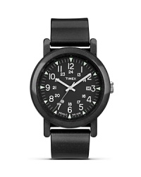 A simple design based on vintage style, this round faced watch from Timex is updated with modern features and a black strap. A simple design based on vintage style, this round faced watch from Timex is updated with modern features and a black strap.