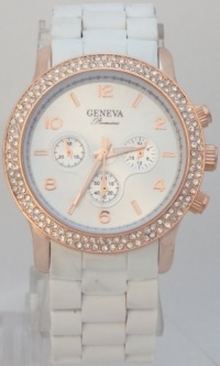 Geneva Quartz Chronograph Look Rose Gold N White ceramic-style With Rhinestones Geneva Quartz Chronograph Look Rose Gold N White ceramic-style With Rhinestones