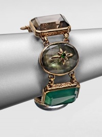 An one of a kind design inspired by the designer's love of nature's bounty that features a wealth of beautiful semi-precious stones set in intricately designed bronze. Blue agate quartz, opal mosaic, green agate quartz, grey mother-of-pearl in rock crystal and smoky quartzBronzeLength, about 7.5Toggle closureMade in USA An one of a kind design inspired by the designer's love of nature's bounty that features a wealth of beautiful semi-precious stones set in intricately designed bronze. Blue agate quartz, opal mosaic, green agate quartz, grey mother-of-pearl in rock crystal and smoky quartzBronzeLength, about 7.5Toggle closureMade in USA