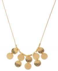 Roundabout fashion. Kenneth Cole New York's frontal necklace is crafted from gold-tone mixed metal and features discs with pave glass crystal accents, as well as rectangle beads, for a stylish twist. Approximate length: 16 inches + 3-inch extender. Approximate drop: 1 inch. Roundabout fashion. Kenneth Cole New York's frontal necklace is crafted from gold-tone mixed metal and features discs with pave glass crystal accents, as well as rectangle beads, for a stylish twist. Approximate length: 16 inches + 3-inch extender. Approximate drop: 1 inch.