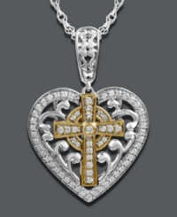 Divine inspiration. This subtly sparkling diamond pendant (1/4 ct. t.w.) by Mi Joya Divina features a symbolic heart shape and cross center. Crafted in 14k gold and sterling silver. Approximate length: 18 inches. Approximate drop length: 7/10 inch. Approximate drop width: 7/10 inch. Divine inspiration. This subtly sparkling diamond pendant (1/4 ct. t.w.) by Mi Joya Divina features a symbolic heart shape and cross center. Crafted in 14k gold and sterling silver. Approximate length: 18 inches. Approximate drop length: 7/10 inch. Approximate drop width: 7/10 inch.