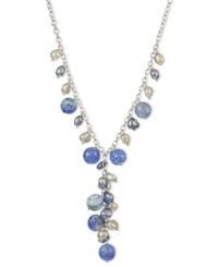 Cool, calm and collected. This elegant, y-shaped pendant features dyed-blue agate (31-1/2 ct. t.w.) and cultured freshwater pearls. Set in sterling silver. Approximate length: 17 inches. Approximate drop: 2 inches. Cool, calm and collected. This elegant, y-shaped pendant features dyed-blue agate (31-1/2 ct. t.w.) and cultured freshwater pearls. Set in sterling silver. Approximate length: 17 inches. Approximate drop: 2 inches.