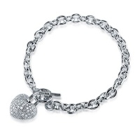 Cubic Zirconia CZ Silver Tone Puffed Heart Charm Toggle Bracelet