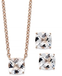 A fun update to your wardrobe, this matching pendant and earrings set features cushion-cut white quartz (5 ct. t.w.) set in 14k rose gold over sterling silver. Approximate length: 18 inches. Approximate drop (pendant): 1/4 inch. Approximate drop (earrings): 1/4 inch. A fun update to your wardrobe, this matching pendant and earrings set features cushion-cut white quartz (5 ct. t.w.) set in 14k rose gold over sterling silver. Approximate length: 18 inches. Approximate drop (pendant): 1/4 inch. Approximate drop (earrings): 1/4 inch.