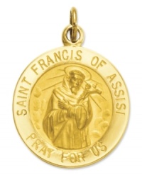Commemorate the patron Saint of animals and the environment. This intricate medal charm features a divine depiction, as well as the words: Saint Francis of Assisi Pray For Us in 14k gold. Chain not included. Approximate length: 9/10 inch. Approximate width: 6/10 inch. Commemorate the patron Saint of animals and the environment. This intricate medal charm features a divine depiction, as well as the words: Saint Francis of Assisi Pray For Us in 14k gold. Chain not included. Approximate length: 9/10 inch. Approximate width: 6/10 inch.