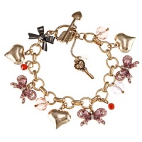 Betsey Johnson Iconic Pink Bow & Heart Multi Charm Bracelet Gold Betsey Johnson Iconic Pink Bow & Heart Multi Charm Bracelet Gold
