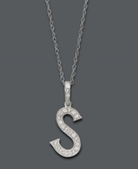 Spell it out in sparkle! This personalized initial charm necklace makes the perfect gift for Sarah or Stephanie. Features sparkling, round-cut diamond accents. Setting and chain crafted in 14k white gold. Approximate length: 18 inches. Approximate drop: 1/2 inch. Spell it out in sparkle! This personalized initial charm necklace makes the perfect gift for Sarah or Stephanie. Features sparkling, round-cut diamond accents. Setting and chain crafted in 14k white gold. Approximate length: 18 inches. Approximate drop: 1/2 inch.