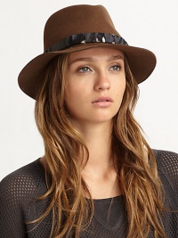 A leather band adds safari charm to this timeless wool fedora. Leather bandBrim, about 2Body: WoolTrim: LeatherSpot cleanMade in USA of imported fabric A leather band adds safari charm to this timeless wool fedora. Leather bandBrim, about 2Body: WoolTrim: LeatherSpot cleanMade in USA of imported fabric