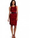 AK Anne Klein Women's Petite Multi Print Sleeveless Belted Dress, Red Poppy, Medium