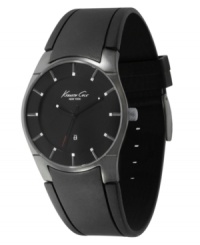 Smooth and slim, this classic Kenneth Cole New York watch is a versatile favorite. Black polyurethane strap and round gunmetal stainless steel case. Matte black dial with gunmetal-toned stick indices, logo and date window. Analog movement. Water resistant to 30 meters. Limited lifetime warranty.