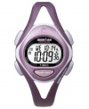Time to excel. This Timex watch features a plum resin strap and round case. Digital display dial with logo, solar memory and timer. Quartz movement. Water resistant to 100 meters. One-year limited warranty.