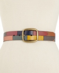 A chic colorblock design adds eye-catching retro inspiration to this studded Fossil belt. A chic colorblock design adds eye-catching retro inspiration to this studded Fossil belt.