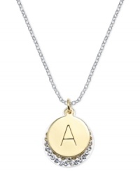 Letter perfection. This sterling silver necklace holds a pendant set in 14k gold and sterling silver plated topped with an A and adorned with crystal for a stunning statement. Approximate length: 18 inches. Approximate drop: 7/8 inch. Approximate drop width: 5/8 inch. Letter perfection. This sterling silver necklace holds a pendant set in 14k gold and sterling silver plated topped with an A and adorned with crystal for a stunning statement. Approximate length: 18 inches. Approximate drop: 7/8 inch. Approximate drop width: 5/8 inch.