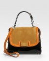 Lustrous patent leather, ultra-soft suede and leather trim combine in this studded design, finished with a python top handle. Adjustable python top handle, 5¼-5½ dropAdjustable detachable leather shoulder strap, 19-25½ dropTurn-lock on front flapProtective metal feetOne inside zip pocketLinen lining4W X 9½H X 6DMade in Italy